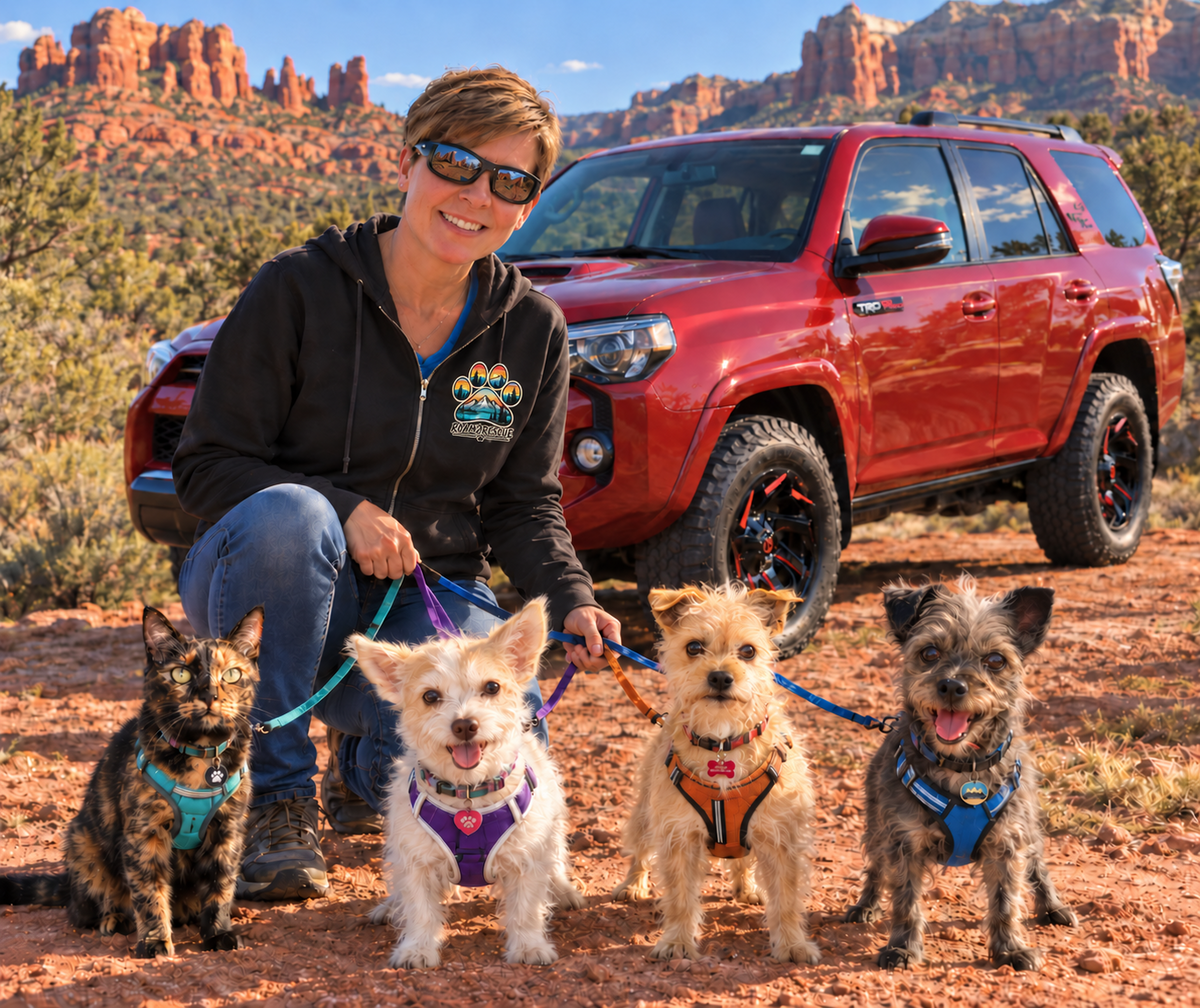 Kris outdoors with her four animals and red Toyota 4Runner