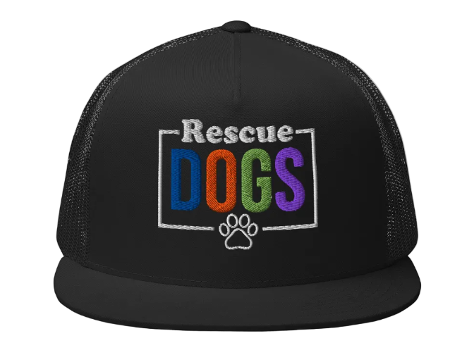 Roam2Rescue Caps and Hats collection banner featuring a Rescue Dog embroidered cap