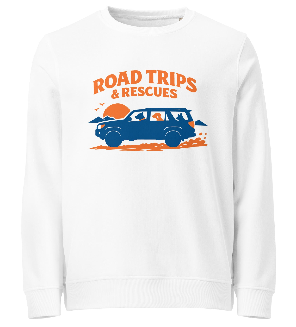 Roam2Rescue Sweatshirts collection banner featuring the Road Trips & Rescues sweatshirt