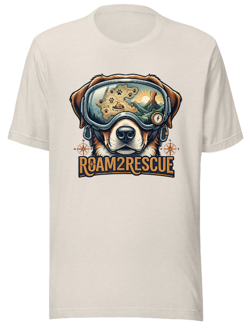 Roam2Rescue T-Shirts collection banner featuring the Roaming Dog graphic tee