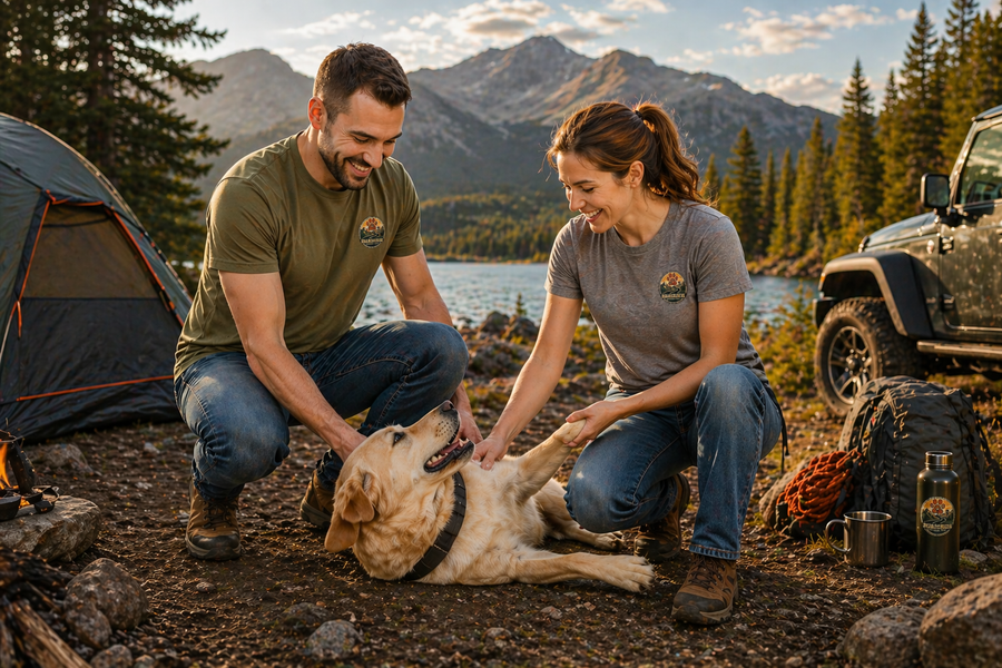 Happy couple with their adopted dog