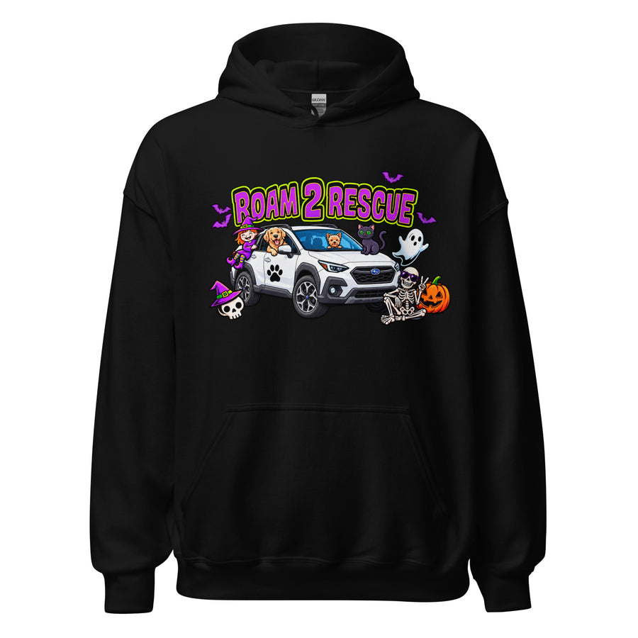 Black Roam2Rescue Boo Crew hoodie featuring the white Subaru and Halloween animal friends